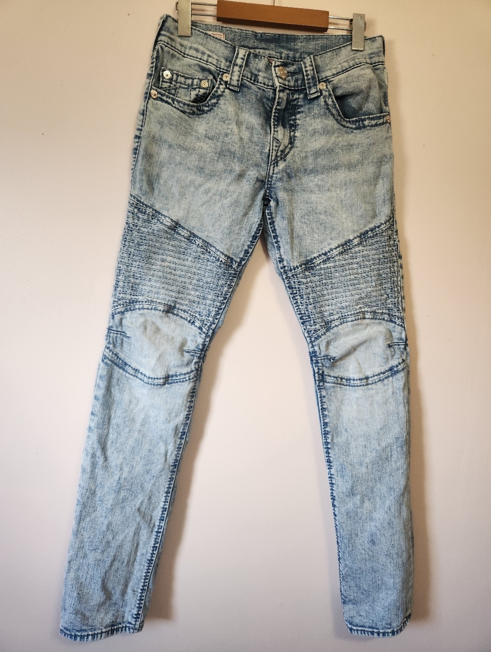 True Religion Geno Relaxed Slim Moto Jeans Light Acid Wash 29 Biker Streetwear